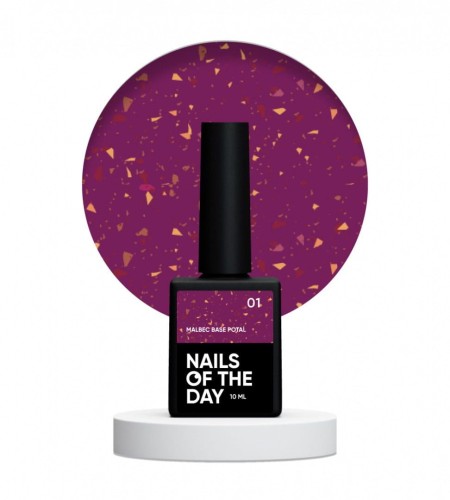 NAILSOFTHEDAY Malbec base Potal 01 - witrażowa ciemno-różowa baza hybrydowa ze złotymi płatkami, 10 ml 1