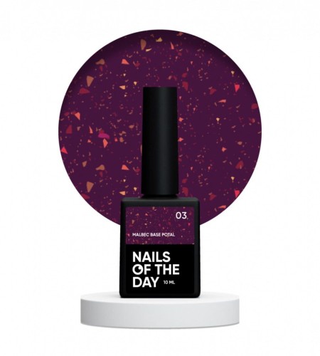NAILSOFTHEDAY Malbec base Potal 03 - witrażowa ciemno-fioletowa baza hybrydowa ze złotymi płatkami, 10 ml 1