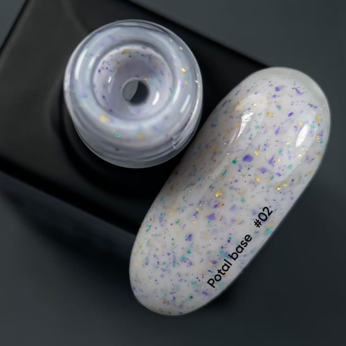 NAILSOFTHEDAY Potal base 02 – mleczno-błękitna baza ze złoto-fioletowymi oraz turkusowymi płatkami, 10 ml 3