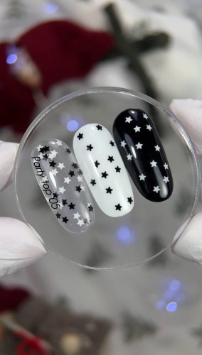 NAILSOFTHEDAY Party top 05 – przezroczysty top z białymi i czarnymi gwiazdkami, bez lepkiej warstwy, 10 ml 3